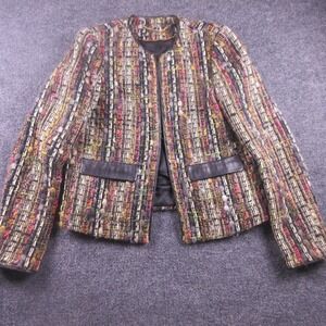 Uterque Tweed Wool Jacket Womens Small Multicolor Collarless Hook Eye Pockets